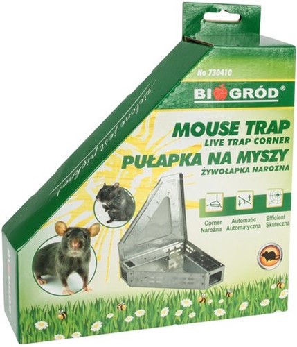 Pułapka na myszy – żywołapka narożna 18,5 x 18,5 x 5 cm