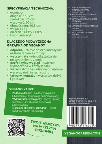 Podwyższona grządka warzywna antracyt 150x75x30 cm Vegano